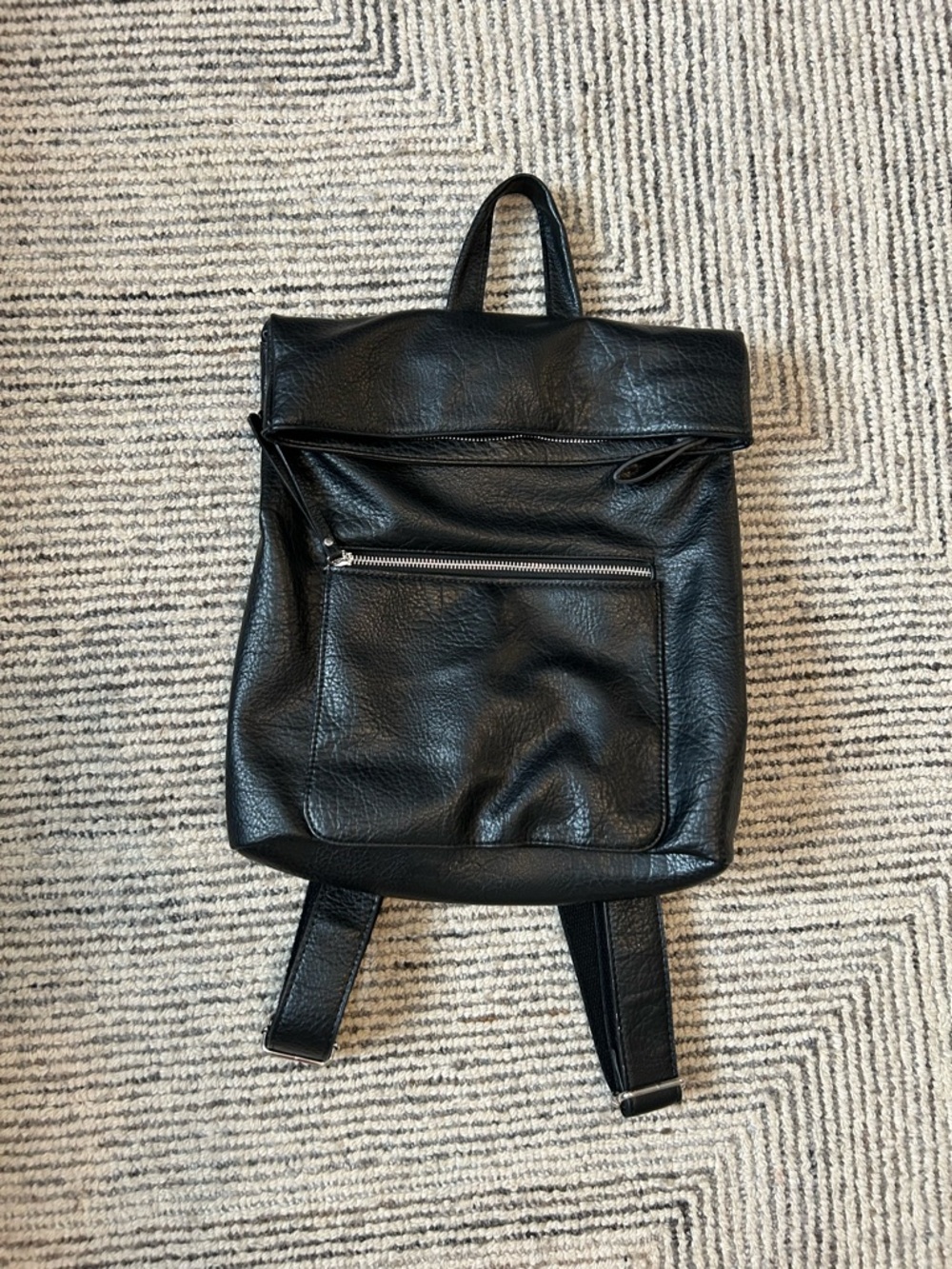 Vegan Black Leather Fold-Top Backpack